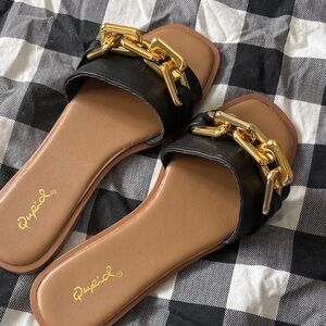 Qupid Black Slide Sandals with Gold Chain Detail